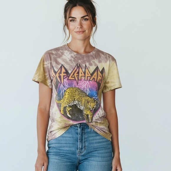 Leopard Tops - Def Leopard High N Dry Tie Dye Women’s S/P Rock Band Tee Leopard Graphic Shirt
